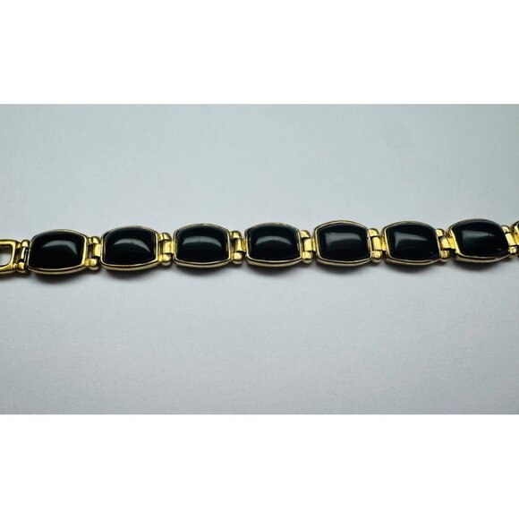 Estate Black Onyx Bracelet Gold Over Sterling Silver 925, 7.85", 30g, Marked - Picture 3 of 9